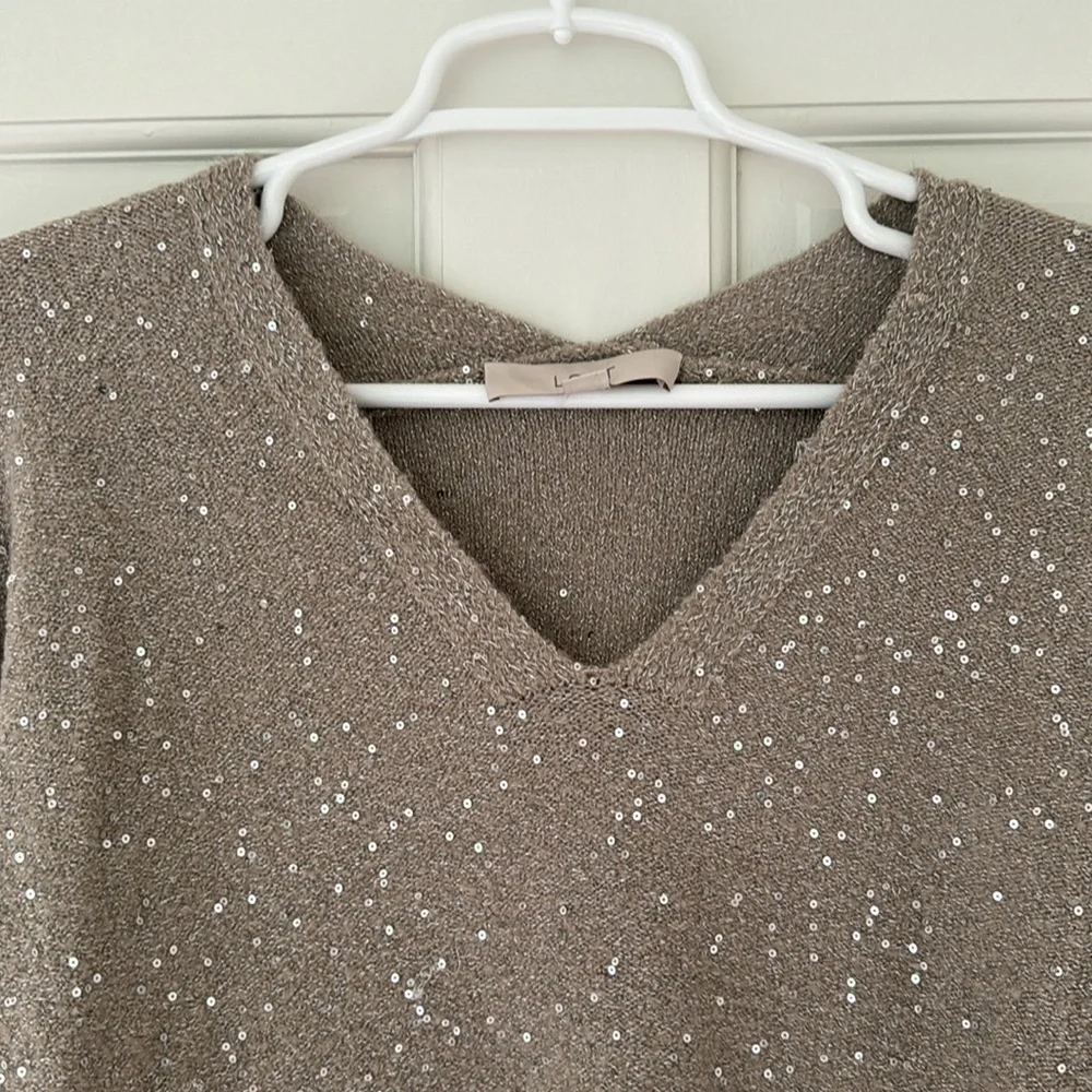 ANN TAYLOR LOFT sweater size XS brown taupe sequins v-neck - Picture 3 of 7